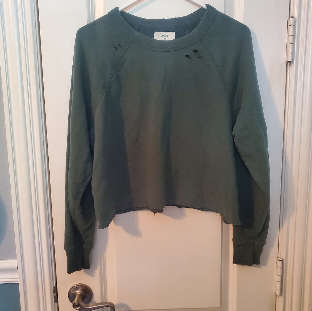 aerie Olive Green Cropped Distressed Sweatshirt
